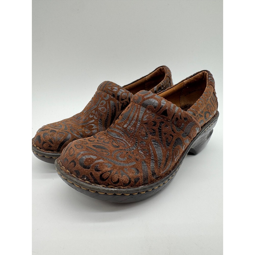 B.O.C Born Concept Women's 6.5 Brown Paisley Leather Slip On Clogs Shoes